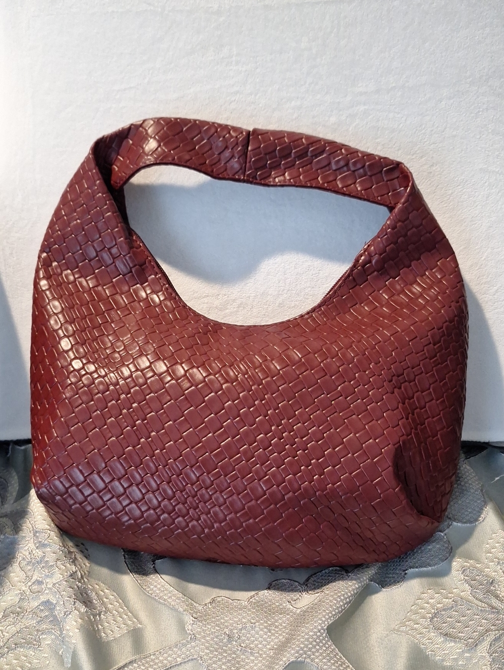 Woven Hobo Shoulder Bag in Deep Burgundy